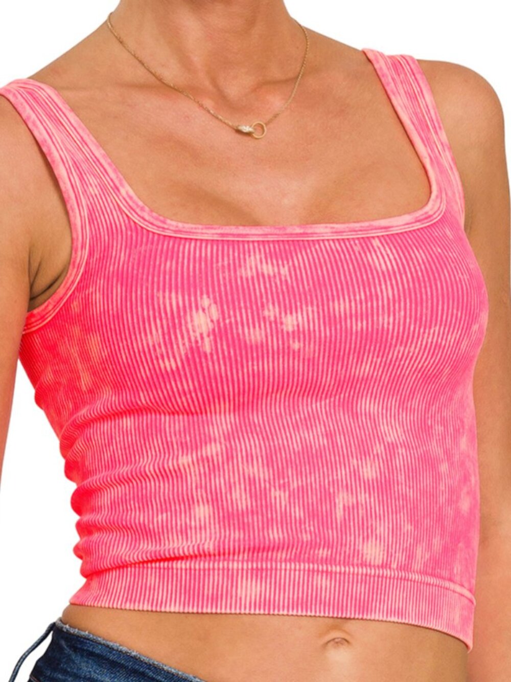2-Way Neckline Washed Ribbed Seamless Tank Top in Neon Coral Fuchsia